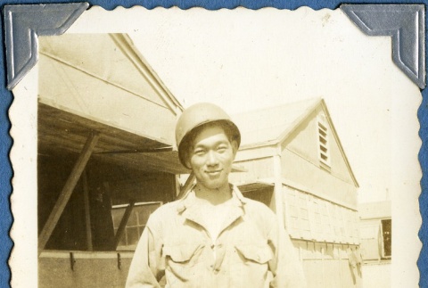 Soldier outside barracks (ddr-densho-22-329)