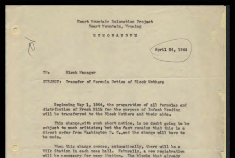 Memo from Fred J. Haller, Heart Mountain Project Steward, to Block Manager, April 24, 1944 (ddr-csujad-55-452)