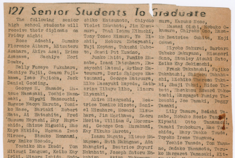 Clipping of article titled:  127 Senior Students To Graduate (ddr-densho-484-2)