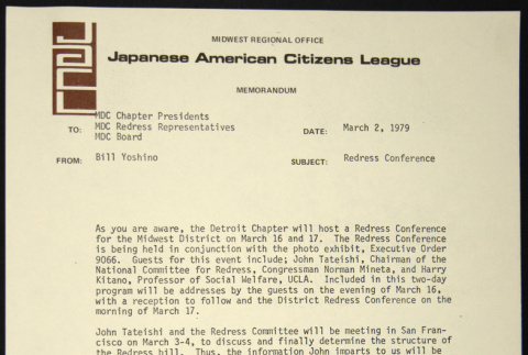 Memo to MDC Chapter Presidents, Redress Representatives and MDC Board from Bill Yoshino (ddr-chijacl-1-233)