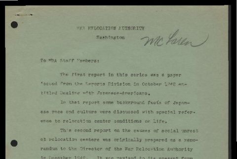 Letter from Dillon S. Myer, Director, War Relocation Authority, to WRA staff members, 1943 (ddr-csujad-55-1655)