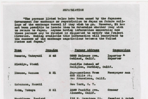 List of individuals identified for repatriation (ddr-densho-329-1100)