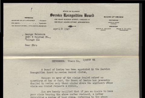 Letter from Arthur Dixon, Service Recognition Board, to George Nakamura, April 20, 1949 (ddr-csujad-55-2416)