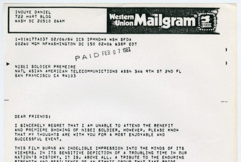 Letter from Senator Daniel Inouye (ddr-densho-1007-1016)