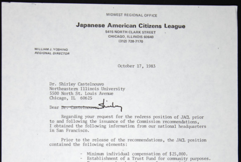 Letter to Shirley Castelnouvo from William Yoshino (ddr-chijacl-1-745)