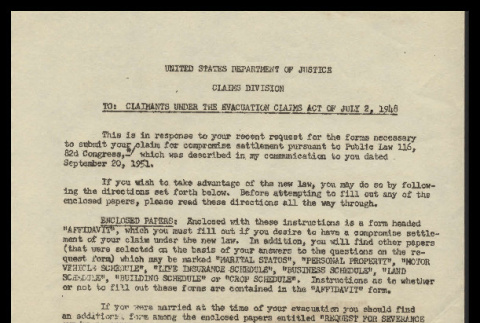 Notice from Homes Baldridge, Assistant Attorney General in charge of the Claims Division, to claimants under the evacuation claims act of July 2, 1948 (ddr-csujad-55-2426)