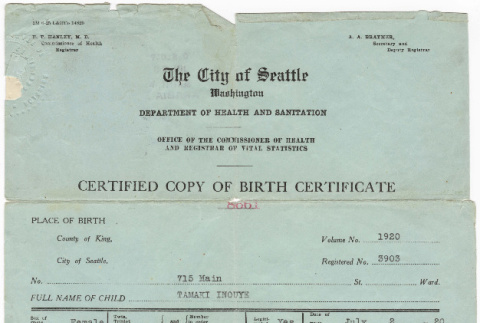 Original certified copy of birth certificate for Tamako (spelled Tamaki on form) Inouye used for travel (ddr-densho-383-504)