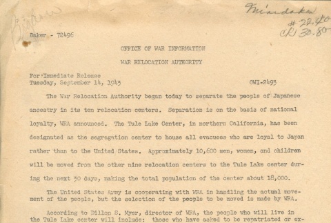 Press release from the Office of War Information, War Relocation Authority (ddr-densho-156-129)