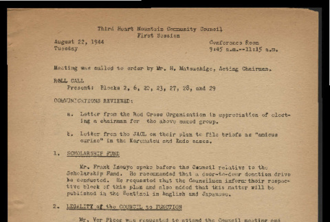 Minutes from the Third Heart Mountain Community Council meeting, first session, August 22, 1944 (ddr-csujad-55-976)