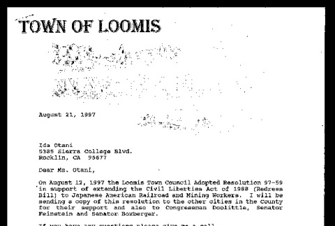 Letter from Crickett Strock, Town Clerk, Town of Loomis, to Ida Otani, August 21, 1997 (ddr-csujad-55-2004)