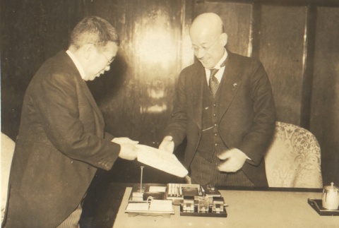 Communications Minister Hideo Kodama and his predecessor (ddr-njpa-4-510)