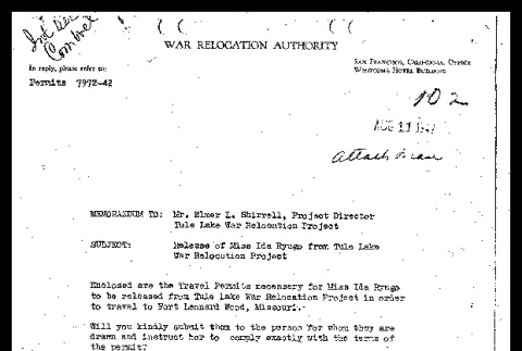 Memo from E.R. Fryer, Regional Director, to Mr. Elmer L. Shirrell, Project Director, Tule Lake War Reloction Project, August 11, 1942 (ddr-csujad-55-2244)