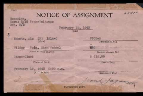 Notice of assignment, WRA-21, Aie Yokota (ddr-csujad-55-222)