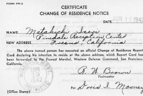 Change of Residence Notice (ddr-densho-25-27)