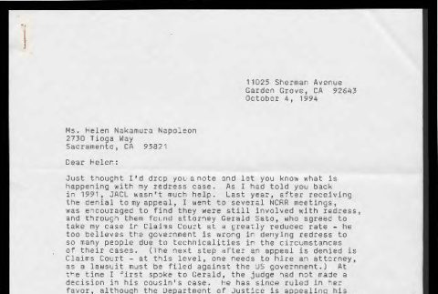 Letter from Sharon Tanihara to Helen Nakamura Napoleon, October 4, 1994 (ddr-csujad-55-2100)