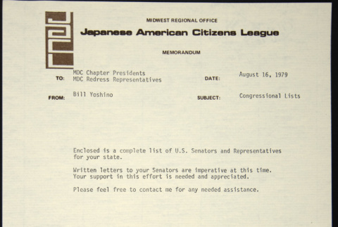 Memo to MDC Chapter Presidents and Redress Representatives from Bill Yoshino (ddr-chijacl-1-226)