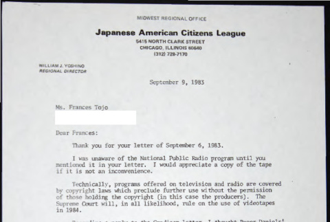 Letter to Frances Tojo from Bill Yoshino (ddr-chijacl-1-750)