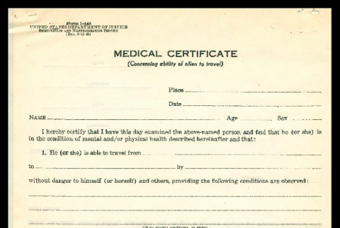 Medical certificate (concerning ability of alien to travel), Form I-142 (ddr-csujad-55-1487)