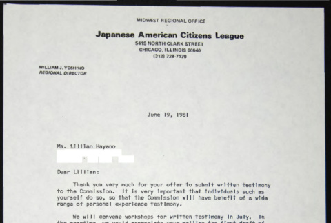 Letter to Lillian Hayano from William Yoshino (ddr-chijacl-1-621)