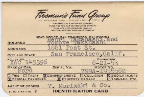 Insurance card from Fireman's Fund Group (ddr-densho-422-390)