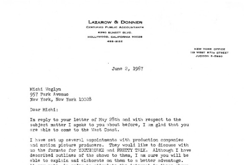 Letter from Cy Donner to Michi Weglyn, June 2, 1967 (ddr-csujad-24-149)