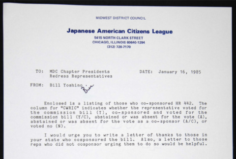 Memo to MDC Chapter Presidents from Bill Yoshino (ddr-chijacl-1-252)