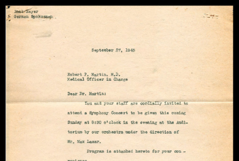 Letter from Emil Bayer, German Spokesman, to Robert F. Martin, M.D., Medical Officer in Charge, September 27, 1945 (ddr-csujad-55-1471)