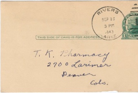 Letter sent to T.K. Pharmacy from Gila River concentration camp (ddr-densho-319-302)