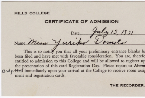 Certificate of Admission to Mills College (ddr-densho-356-686)