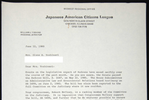 Letter to Diane Yoshinari from William Yoshino (ddr-chijacl-1-491)