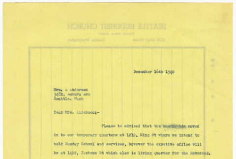 Letter from the Seattle Buddhist Church to Mrs. A. Anderson (ddr-sbbt-4-30)