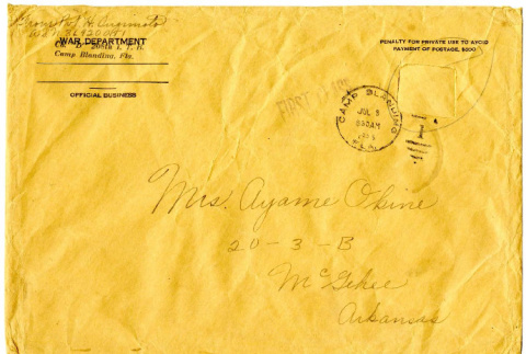 Envelope from H. Sugimoto to Mrs. Ayame Okine, July 8, [1945] (ddr-csujad-5-85)