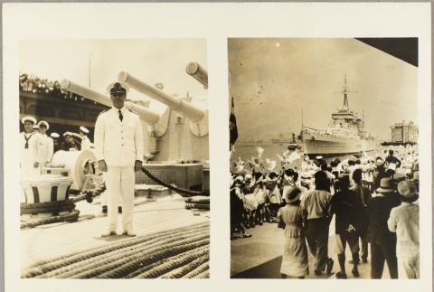 Photos of captain and crew on board La Argentina, and a crowd welcoming the ship at a dock (ddr-njpa-13-463)