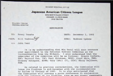 Memo to Henry Tanaka from Bill Yoshino (ddr-chijacl-1-774)