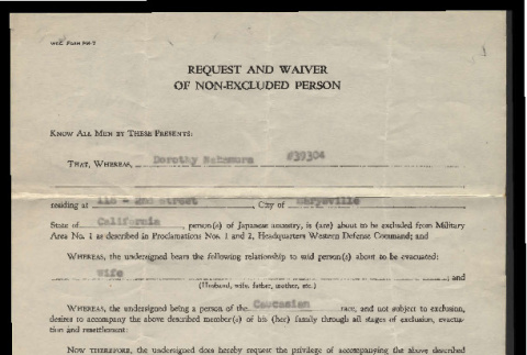 Request and waiver of non-excluded person, WDC Form PM 7, Dorothy Hart Nakamura (ddr-csujad-55-2395)