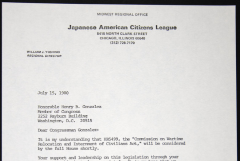 Letter to Henry Gonzalez from William Yoshino (ddr-chijacl-1-314)