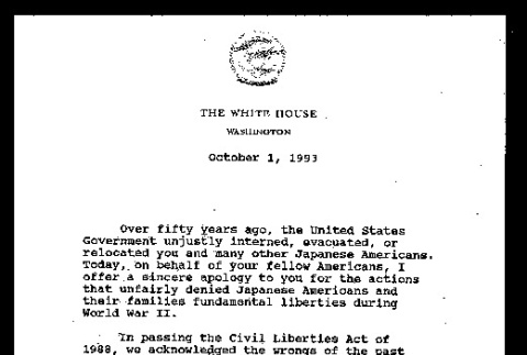 Letter from Bill Clinton, President of the United States, October 1, 1993 (ddr-csujad-55-2115)