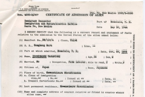 Certificate of admission of alien (ddr-densho-314-31)