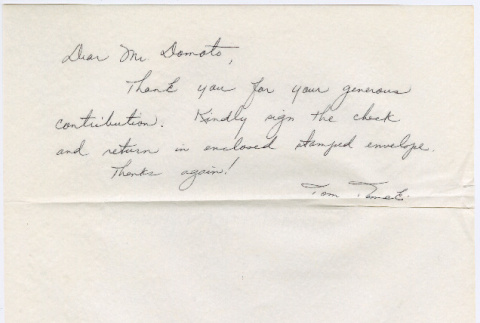 Acknowledgment of donation to the campaign of William M. Marutani (ddr-densho-329-963)