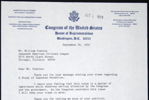 Letter to William Yoshino from Martin Sabo (ddr-chijacl-1-423)