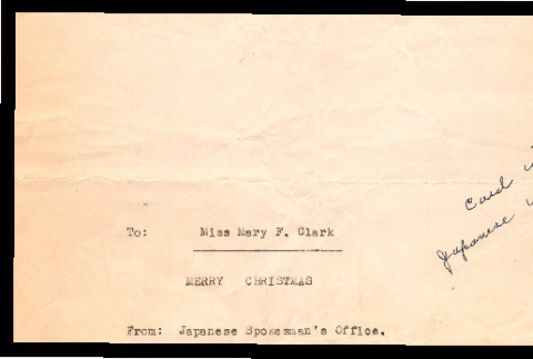 Christmas card from Japanese Spokesman's office to Miss Mary F. Clark, 1945 (ddr-csujad-55-1406)
