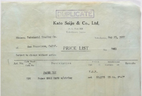 Price List from Kato Seiju & Company to Takahashi Trading Company (ddr-densho-424-672)