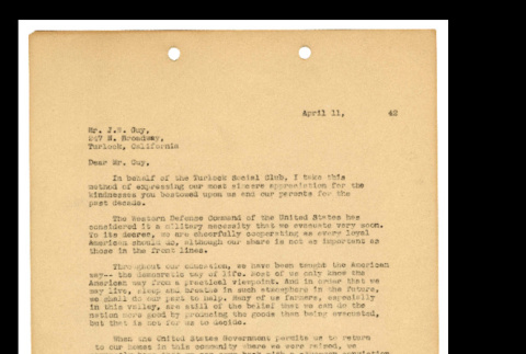 Letter from Tsuneo Iwata to Mr. J.W. Guy, April 11, 1942 (ddr-csujad-46-9)