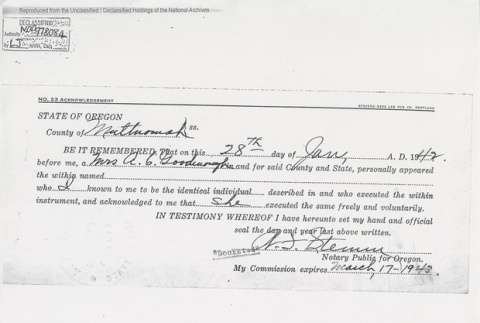 Notarized statement for Mrs. A.C. Goodenough dated January 28, 1942 in the County of Multnomah, State of Oregon. (ddr-one-5-152)