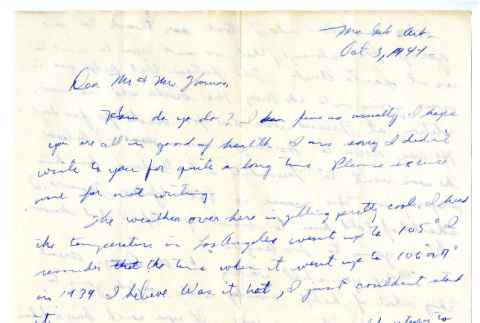Letter from Usami Terada to Mr. and Mrs. A.W. Thomas, October 3, 1943 (ddr-csujad-4-18)
