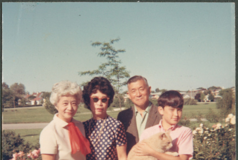 Agnes Sakura with three people and a cat (ddr-densho-523-456)