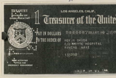 Front of check for Roy Okuda (ddr-densho-37-1166)