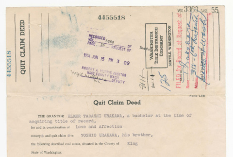 Quit Claim Deed from Elmer Tadashi Urakawa to Yoshio Urakawa (ddr-densho-474-101)
