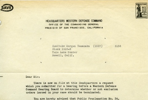 Letter regarding hearing request (ddr-densho-188-34)