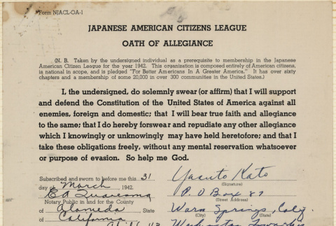 JACL Oath of Allegiance for Yasuto Kato (ddr-ajah-7-72)